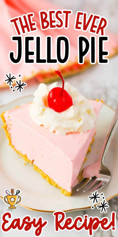 This Strawberry Jello Pie is a creamy, no bake dessert made with Cool Whip and bursting with sweet fruity flavor. Perfect for any occasion! Cool Whip Jello, Strawberry Jello Pie, Cool Whip Pies, Jello Pie, Cool Whip Desserts, Chocolate Pie With Pudding, Malva Pudding, Fluff Desserts, Jello Desserts