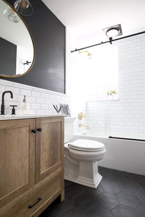 White Bathroom Makeover, Budget Powder Room, Black And White Bathroom, Diy Playbook, Bathroom Redesign, Hall Bathroom, Boys Bathroom, Downstairs Bathroom, Basement Bathroom