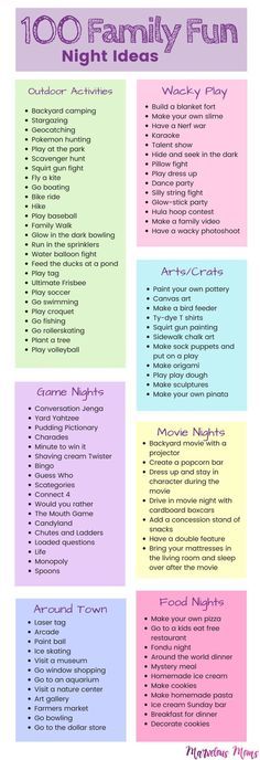 100 Family Fun Night Ideas | Kids activities | Playing with Kids | Activities for toddlers to teenagers | Free Family Nights | Outdoor activities | Movie Nights | Game Nights Family Fun Night Ideas, Family Fun Night Ideas Kids, Uppfostra Barn, Projek Menjahit, Fun List, Family Fun Night, Mind Maps, Family Night, Gentle Parenting