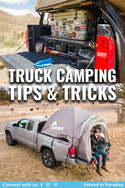 Truck bed covers can keep smaller items secure and prevent onlookers from seeing what you're packing. Great bed organizers and homemade drawers for organizing tools. From camping to hauling these accessories will come in handy. If you want to go overlanding in your pick up truck, there's no better way then to get a tent or pop-up specific to your vehicle. Truck Bed Modifications, Truck Bed Camping Setup, Truck Camping Accessories, Back Of Truck Camping, Truck Camping Hacks, Truck Tent Camping Ideas, Pick Up Camping, Truck Bed Tent Camping, Truck Bed Organization Diy