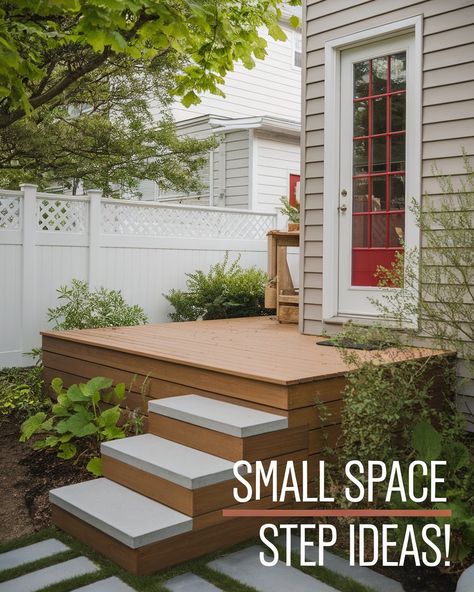 Looking for backdoor step ideas for small spaces? ?? Explore stylish Backdoor Steps with functional Patio Stairs to complement compact porches. Add charm with Built In Seating and incorporate elements from Formal Gardens or create your Dream Garden for a cozy outdoor vibe! #gg #homedesigninsider #compactbackdoorsteps Wide Steps Down To Patio, Small Deck To Patio Transition, Front Entry Deck Ideas, Door Steps Ideas, Back Door Steps, Backdoor Steps To Patio, Small Back Deck, Backdoor Steps, Small Staircase Ideas