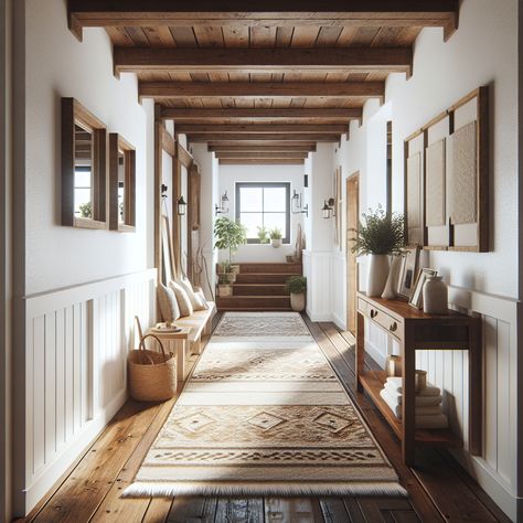 Craft an image of a modern cottage style hallway. There are rich, dark wooden floors, a luxurious hand-woven rug in neutral tones underneath, and rustic wooden beams overhead. On the sides, there are small tables with potted indoor plants and framed photos. There's a narrow polished wooden console table with a large mirror overhead, creating an illusion of increased space. Overall, it presents an appealing mix of modern and countryside charm, perfect for a remodeling inspiration. Cabin Hallway Ideas, Hygge Hallway, Long Hallway Entryway Ideas, Cozy Hallway, Hallway Decor Ideas, Farmhouse Hallway, Rustic Hallway, Colonial Cottage, Long Hallway