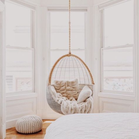 Pod Hanging Chair + Reviews | CB2 Fall Landscape Ideas, Hanging Chair In Bedroom, Chair In Bedroom, Bedroom Hanging Chair, Swing Chair Bedroom, Bedroom Swing, Amber Room, Hanging Seats, Hanging Beds