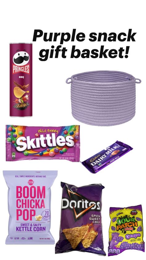 If you know someone who likes the Colour purple and snacks! Then they’re going to love this! Purple Gift Basket, The Colour Purple, Snack Gift Baskets, Bestie Birthday, Cadbury Dairy Milk, Snack Gift, Kettle Corn, Purple Gift, Colour Purple