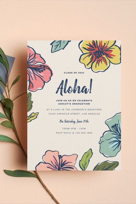 Aloha Hawaiian Flowers Graduation Invitation
Bright and colorful Hawaiian floral design featuring bold flower details in pink, teal and yellow along side modern navy typography on an ivory colored background. These invites are the perfect way to celebrate a birthday, Luau, backyard bbq or a simple summer celebration! #graduationinvitations #classof2024 #graduationparty #celebrategraduation #graduationannouncement #hawaiian #aloha Aloha Party Theme, Luau Party Invite, Hawaii Party Invitation, Photobooth Idea, Invitations Background, Aloha Birthday, Hawaiian Invitations, Birthday Luau, Luau Invitations