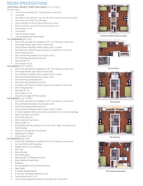 Granville Towers Room amenities and floor plans. Granview, Franklin, Ramses, Traditional Double, Traditional Single. Granville Towers Unc, Fire Tower House, Tower House Plans, Unc Dorm, Granville Towers, Campus Dorm, Dorm Layout, Fire Tower, Unc Chapel Hill