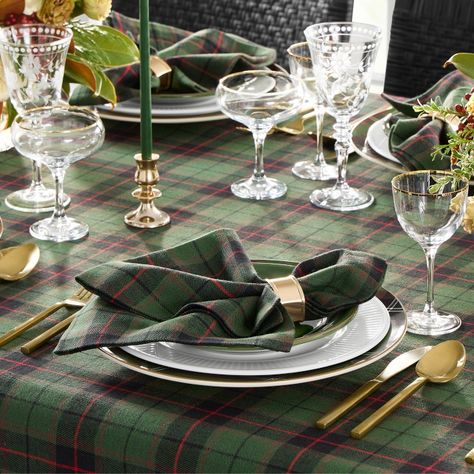 A holiday favorite since Victorian times, Scottish plaid gives our tablecloth a regal, classic touch. It's woven of yarn-dyed cotton/linen for a graceful drape and finished with mitered corners for a crisp look. The durable tablecloth pairs easily with solid-colored dinnerware to create a festive backdrop for seasonal gatherings. Features yarn-dyed tartan plaid. Crafted of twill-woven cotton/linen blend. By choosing our cotton products, you're supporting our investment in Better Cotton's mission. This product is sourced via mass balance and therefore may not contain Better Cotton. Machine-washable. Scottish Christmas Table Settings, Blue And Green Christmas, Tartan Tablecloth, Festive Backdrop, Green Tablescape, Thanksgiving Cocktail Recipes, Entertaining Table Settings, Dinner Party Table Settings, Plaid Napkins