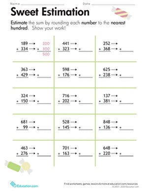 On this worksheet, kids use rounding to estimate the sum of two numbers. This worksheet offers practice with rounding to the nearest hundred, estimation, and addition. Kids who understand rounding and estimation can use them as a strategy to verify the reasonableness of calculated results.#educationdotcom Estimation Worksheet, Estimation Activities, 3rd Grade Worksheets, Third Grade Math Worksheets, Teaching Board, Worksheets For Grade 3, 4th Grade Math Worksheets, 3rd Grade Math Worksheets, Mathematics Worksheets