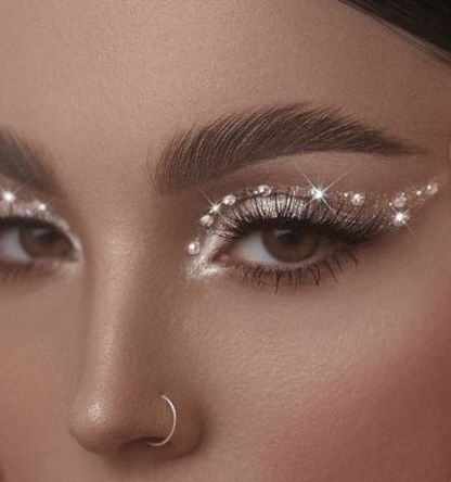 EUPHORIA MAKEUP INSPO | RINESTONE MAKEUP Glam Makeup For Round Face, Euphoria Make Up Looks, Angelcore Makeup, Maquillage On Fleek, Rhinestone Makeup, Eye Makeup Pictures, Fancy Makeup, Makeup Eye Looks, Creative Eye Makeup