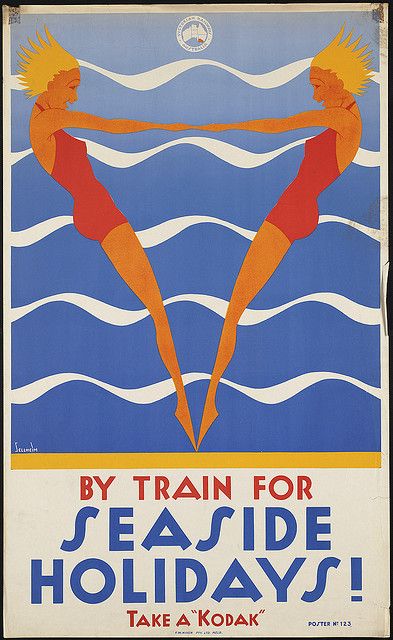 By train for seaside holidays! Take a "Kodak"; Creator/Contributor: Sellheim, Gert, 1901-1970 (artist); Created/Published: [Melbourne] : Victorian Railways, Australia; Date issued: 1910-1959 (approximate) Swim Art, Free Posters, Music Prints, Surf Poster, Tourism Poster, Beach House Art, Vintage Advertising Posters, Sea Side, Seaside Town