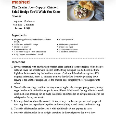 Copy cat Trader Joe's Wine Country Chicken Salad Wine Country Chicken Salad, Chickpea Sandwich, Country Chicken, Trader Joes Recipes, Chicken Salad Sandwich, White Chicken, Trader Joe’s, White Meat, Chicken Salad Recipes