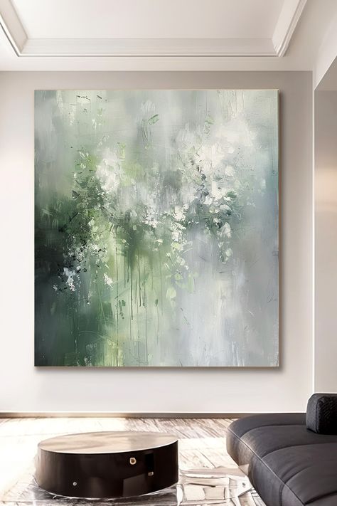 Original handmade green abstract painting with soft sage and misty gray hues, featuring textured brushstrokes and a serene, misty atmosphere Sage Green Abstract Art, Fitness Space, Green Abstract Painting, Green Abstract Art, Misty Grey, Green Paintings, Handmade Wall Art, Green Abstract, Abstract Wall