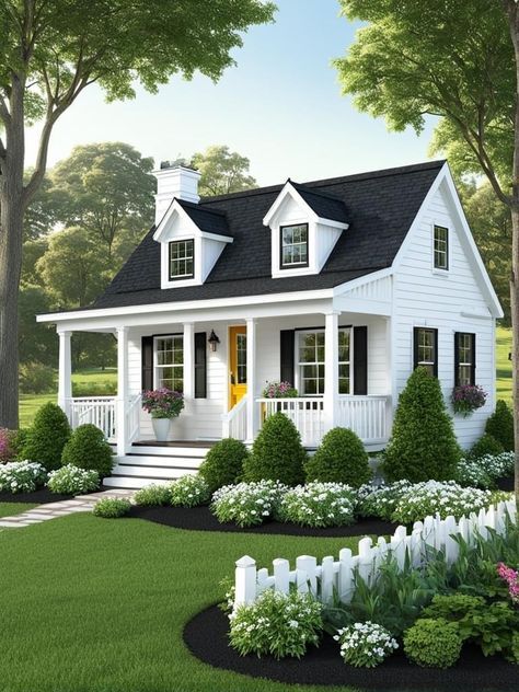 White Cottage Exterior, American House Design, Tiny Home Ideas, Cottage House Exterior, Homestead House, Small Cottage Homes, A Frame House Plans, Bed Floor, Townhouse Designs