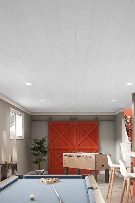 Looking for a plank ceiling option that is DIY-friendly and maintenance-free? Learn more about these new EASY ELEGANCE Woodgrain White PVC planks that is perfect for your next home project. Suspended Ceiling Systems, Ceiling Planks, Drop Ceiling Grid, Ceiling Options, Armstrong Ceiling, Plank Ceiling, Ceiling System, Pvc Ceiling, Pvc Panels