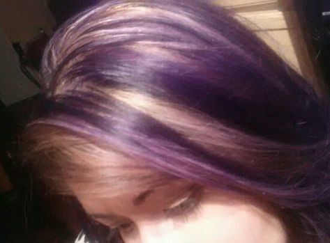 Purple and blonde highlights with dark brown hair. #purplehair Blonde Brown Purple Hair, Blonde Hair With Dark Purple Highlights, Dark Purple Highlights Blonde Hair, Dark Purple Hair With Blonde Highlights, Purple Blonde And Black Hair, Purple On Blonde Hair, Dark Purple Hair With Blonde, Highlights With Dark Brown Hair, Plum Hair Highlights