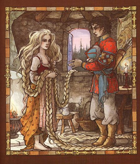 An illustration of Rapunzel by Trina Schart Hyman, one of my favorite artists. Rapunzel Book, Trina Schart Hyman, Saint George And The Dragon, Walter Crane, Arthur Rackham, Brothers Grimm, Film Disney, Fairy Tale Characters, Fairytale Illustration