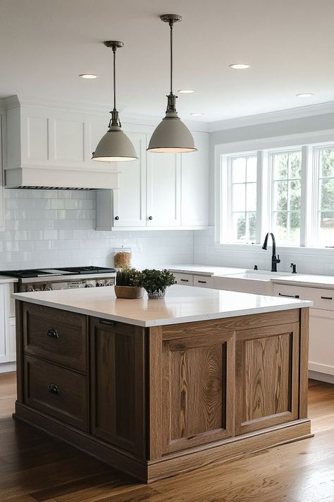 Bright kitchen with wooden island and white pendant lights Kitchen Island With No Overhang, Thick Butcher Block Island, Kitchen Islands Without Seating, Islands Without Seating, Island With No Seating, Island No Seating, Kitchen Island No Seating, Back Of Kitchen Island, Island Without Seating