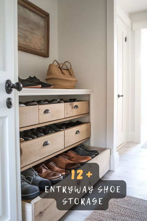 Tired of tripping over shoes? These 12 creative entryway storage ideas will keep your space organized and stylish. From compact racks to hidden storage, click now to see them all! 🥿✨ #EntrywayStorage #ShoeOrganization #HomeStorageIdeas #SmallSpaceSolutions #DeclutterYourHome #InteriorTips #OrganizedLiving Coat And Shoes Storage Hallway, Small Entry Shoe Storage, Shoe Basket By Door, Mud Room Shoes Storage Ideas, Entry Way Shoe Storage, Shoe Closet Ideas, Entry Way Shoe Storage Ideas, Shoe Cabinet Diy, Shoe Storage Entry