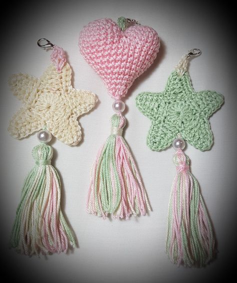 Crochet hearts and stars Crochet Hearts, Hearts And Stars, Crochet Heart, Tassel Necklace, Crochet Earrings, Tassels, Sewing, Beads, Crochet