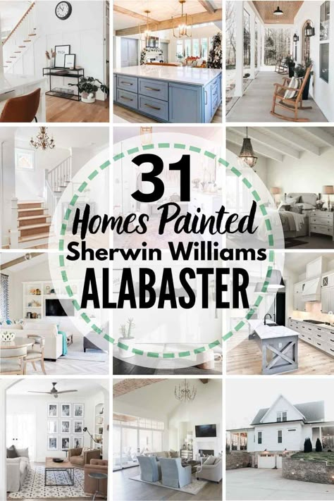 All About Sherwin Williams Alabaster + 31 Real Homes That Use It! See if this is the right paint color for your own home! #alabaster #sherwinwilliams #sherwinwilliamsalabaster #sherwinwilliamsalabasterwalls #sherwinwilliamsalabastercabinets #sherwinwilliamsalabasterexterior #sherwinwilliamsalabasterbedroom #sherwinwilliamsalabasterwhite #sherwinwilliamsalabasterbathroom #sherwinwilliamsalabasterkitchen #sherwinwilliamsalabastertrim #sherwinwilliamsalabasterlivingrooms #... She Twin Williams Alabaster, Stucco Sherwin Williams, Sw Alabaster Exterior, Alabaster Sherwin Williams Cabinets, Sw Alabaster Walls, Alabaster Sherwin Williams, Pale Oak Benjamin Moore, Benjamin Moore Pale Oak, Sherwin Williams Alabaster White