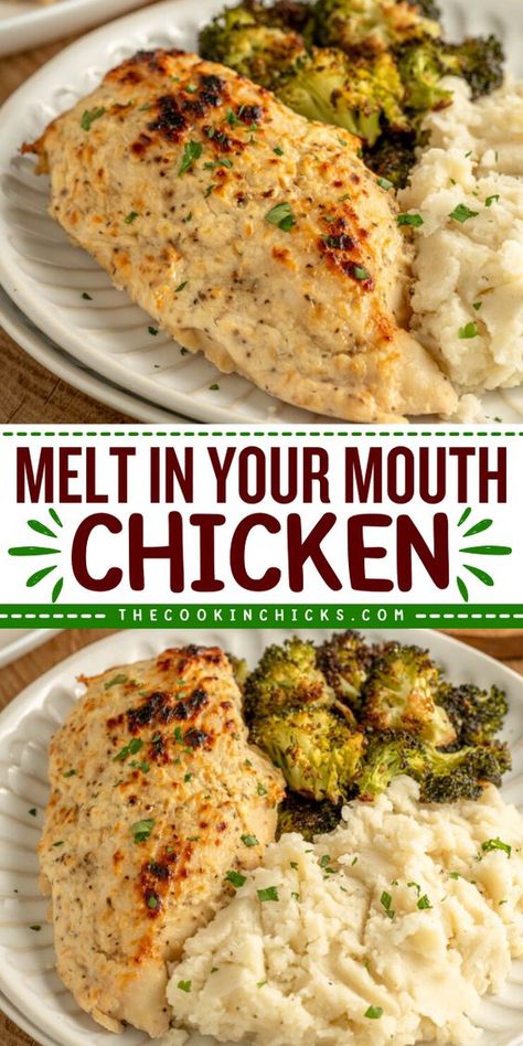 This Melt in your Mouth Chicken recipe comes together using only 6 simple ingredients. Boneless chicken breasts covered in a creamy Parmesan sauce and baked until perfectly juicy and tender! A quick and easy dinner option that is perfect for busy weeknights or lazy weekends! Quicken Chicken Recipes, Main Dishes For Dinner Chicken, Cheap Chicken Recipes Budget, Popular Meals Dinners, Easy Chicken Recipes In Oven, Weeknight Chicken Dinner Easy, Baked Chicken Meal Ideas, Easy Pan Chicken Recipes, Chicken Recipes Baked Easy