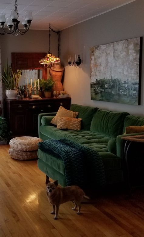 Velvet Green Couch, Dark Green Couches, Green Velvet Couch, Velvet Couch Living Room, Green Couch Living Room, Maximalist Living Room, Living Room Dining Room Combo, Green Couch, Velvet Living Room