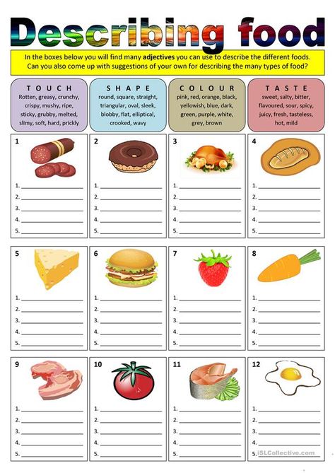 Adjectives Worksheet, Adjective Worksheet, Food Vocabulary, Food Activities, English Exercises, Food Technology, Food Tech, English Activities, Esl Teaching