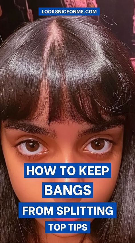 Learn how to keep your bangs from splitting with easy hacks and product recommendations. Say goodbye to frustrating flyaways and hello to perfect bangs every time! How To Get Bangs To Stay In Place, How To Make Your Bangs Look Good, How To Maintain Bangs, Train Bangs, How To Fix Short Bangs, How To Train Bangs, Grow Out Bangs Hairstyles, How To Fix Bangs That Are Too Short, How To Dry Bangs