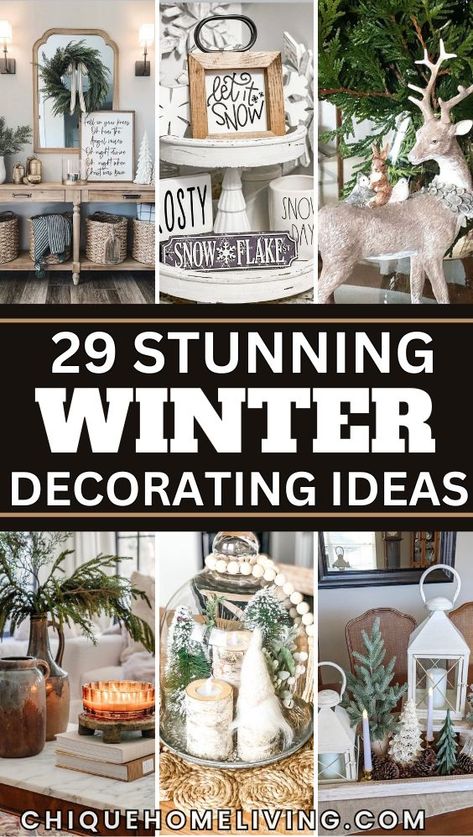 29 Winter Decor Ideas to Cozy Up Your Home! ❄️ Transform your space into a warm, inviting retreat this season with these creative ideas. Add cozy vibes with chunky knit blankets, faux fur throws, and soft neutral pillows. Incorporate natural elements like pinecones, birch logs, and evergreen garlands for a rustic touch. Use candles and string lights to create a magical winter glow. Highlight seasonal details like snowflake ornaments, frosted wreaths, or winter-inspired wall art. Whether you pref Home Decor Ideas Winter, Winter Decorations Diy After Christmas, Winter Bread Bowl Decor, Rustic Farmhouse Winter Decor, Lantern Winter Decor, Winter Diy Home Decor, Hobby Lobby Winter Decor, Winter Pinecone Decor, Winter Decor Non Christmas