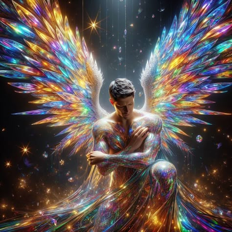 Angel Rainbow Wings Male Fallen Angel, Rainbow Angel Wings, Angel Hierarchy, Rainbow Wings, Rainbow Angel, Angel Wings Illustration, Sacred Masculine, Male Fairy, Winged People