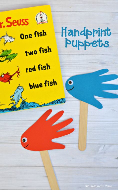 Fish Puppets, Handprint Fish, Dr Seuss Preschool Activities, Fish Handprint, March Preschool, Water Unit, Dr Seuss Preschool, Teacher Prayer, Dr Seuss Activities