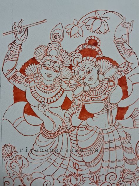 Artist Riya B. Mural Pattern Design, Mural Art Sketch, Kerala Mural Painting Sketch, Mural Painting Outline, Kerala Mural Painting Outline Sketches, Mural Outline, Hanuman Art, Kerala Art, Pookalam Design