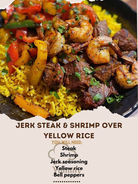 🌶️🥩 Experience the bold flavors of Jerk Steak & Shrimp over Yellow Rice. An exotic, delicious fusion. #JerkFusionFeast Jerk Steak & Shrimp over Yellow Rice Ingredients: Steak, sliced (1 lb) Shrimp, peeled (1 lb) Jerk seasoning (2 tbsp) Yellow rice, cooked (2 cups) Bell peppers, sliced (1 cup) Onion, sliced (1) Instructions: Season steak and shrimp with jerk seasoning. Sauté steak, shrimp, peppers, and onion. Serve over yellow rice. 🍤🥘 Dive into a meal that's bursting with Caribbean flair. P... Jerk Steak, Chili Cheese Dog Recipe, Shrimp Peppers, Season Steak, Sauteed Steak, Comfort Pasta Dishes, Steak Shrimp, Steak And Shrimp, Caribbean Cuisine