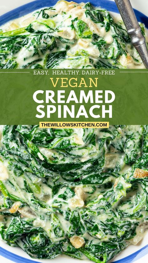 Photo of the plate with Vegan Creamed Spinach made with cashews Frozen Spinach Recipes Vegan, Vegan Spinach Recipes, Dairy Free Creamed Spinach, Snack Prepping, Vegan Creamed Spinach, Spinach Coconut Milk, Healthy Creamed Spinach, Cream Spinach, Creamy Spinach Sauce