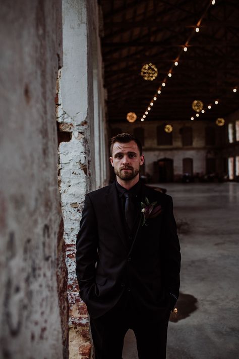 All Black Bride And Groom, Moody Groom Photos, Vintage Wedding Photoshoot, Groomsmen Jeans, Providence Cotton Mill, Nc Photography, Groomsmen Looks, Wedding Tux, Cotton Mill