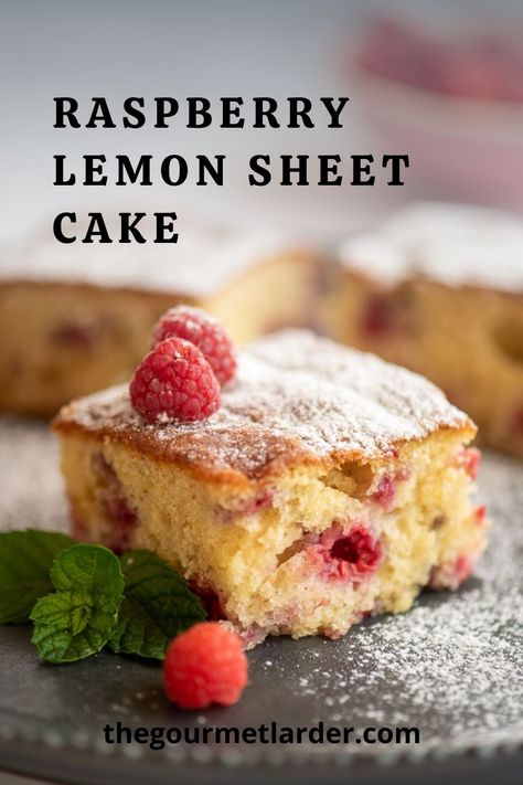 Raspberry Lemon Sheet Cake Recipe - The Gourmet Larder Raspberry Sheet Cake Recipe, Sheet Pan Sponge Cake Recipes, Lemon Raspberry Sheet Cake, Raspberry Sheet Cake, Lemon Sheet Cake Recipe, Lemon Sheet Cake, Raspberry Lemon Cakes, Sheet Cake Recipe, Raspberry Desserts