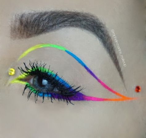 #stargazer #neon #eyeliner #rainbow #makeup Neon Eyeliner Looks, Neon Eyeliner, Neon Lipstick, Rainbow Eyes, Uv Black Light, Rainbow Makeup, Bold Eyes, Neon Painting, Colorful Eye Makeup