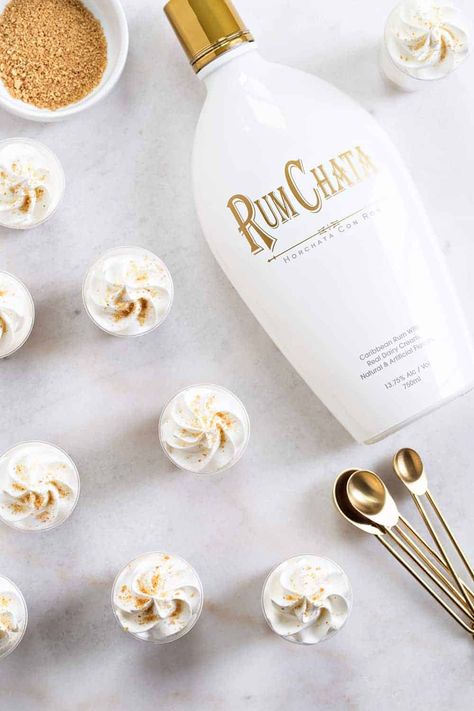 Rumchata Cheesecake Pudding Shots Run Chata Pudding Shots, Rum Chata Pudding Shots, Cheesecake Pudding Shots, Rumchata Cheesecake, Mini Dessert Shots, Rumchata Pudding Shots, Rumchata Recipes, Jello Pudding Shots, Rum Chata