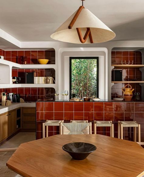 Loving this bold use of colours and tiles ❤️ Les Hauts de Gordes by @iconic__house in the Luberon, an artistic concept for a Provençal… | Instagram Lisbon Interior Design, Kitchen Inspo Modern, Post Modern Interior Design, Mexico Interior Design, Italian Modernism, Red Tiles, House Construction Plan, Kitchen Tile, Dream House Interior