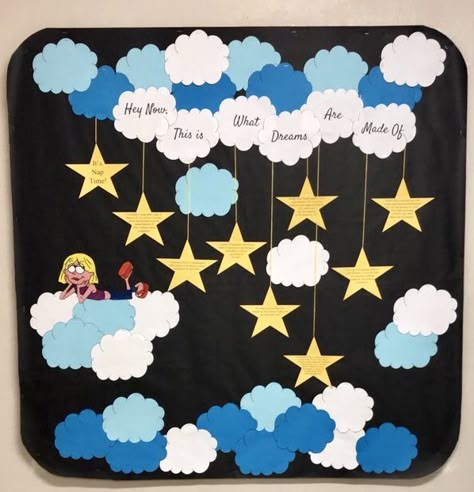 Napping Bulletin Board, Nap Time Bulletin Boards, Class Decoration Ideas Preschool Bulletin Boards, Cloud Bulletin Board Ideas, Soft Boards Ideas Classroom Decor, Class Notice Board Decoration Ideas, Bullition Board Decoration, Soft Board Ideas For School, Display Board Decoration For School