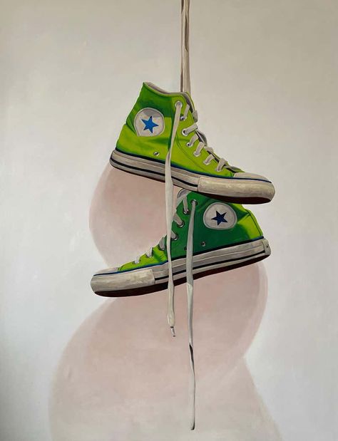 Sneaker Painting, Eclectic Paintings, Divine Proportion, Magic Realism, Green Converse, Realism Painting, Oil On Canvas Painting, Converse Sneakers, Painted Shoes