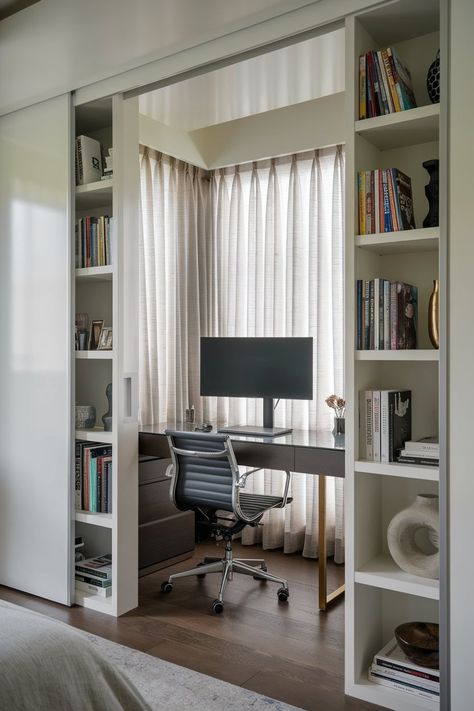 Home Office in Bedroom 2025: 44 Smart & Stylish Ideas for a Cozy, Functional, and Hidden Workspace Hidden Workspace, Home Office In Bedroom, Office In Bedroom, Bedroom 2025, Hidden Desk, Tiny Studio Apartments, Stylish Home Office, Home Office Designs, Monochrome Color Palette