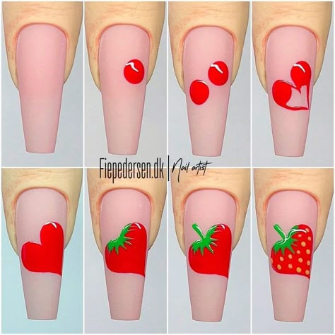 Nail Art Pictorial, Beginner Nail Designs, Step By Step Nail Art, Strawberry Nail Art, Strawberry Nail, Step By Step Nails, Nail Tutorial Videos, Business Nails, Quick Nail Art