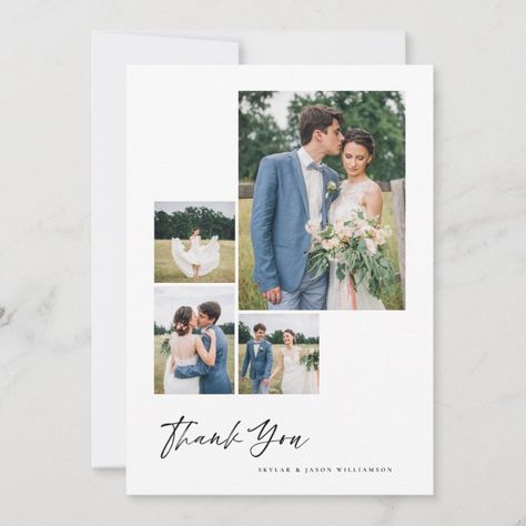 Minimal 4 Photo Collage White Brush Script Wedding Thank You Card Size: 5" x 7". Color: Matte. Gender: unisex. Age Group: adult. Wedding Photo Book Layout, 4 Photo Collage, Wedding Photo Collage, Wedding Album Layout, Wedding Collage, Album Layout, Wedding Script, Photo Layout, Foto Wedding