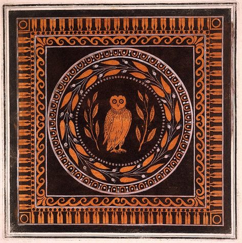 A vase-painting: an owl. Coloured engraving. | Wellcome Collection Athena Painting, Vintage Owl Art, Owl Of Minerva, Owl Of Athena, Unicorn Tapestries, Ancient Greek Pottery, Ancient Greek Mythology, Sir William, Greek Pottery