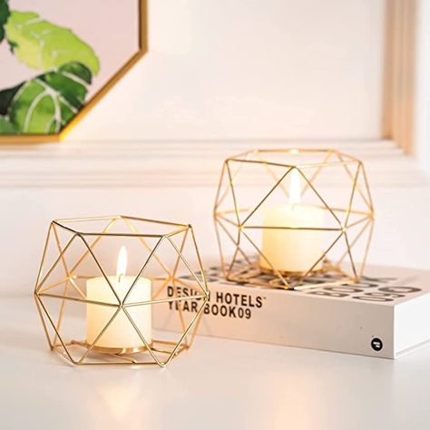 Votive Candle Stand, Candle Holders Gold, Gold Pillar Candles, Pretty Candle Holders, Gold Votive Candles, Geometric Candle Holder, Candle Table Centerpieces, Geometric Candles, Candle Stands