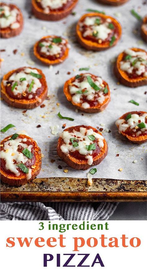 3 ingredient sweet potato pizza uses sliced sweet potato rounds as the crust for a fun and healthy alternative to pizza. Kids and grown ups will love this healthy pizzas! - Eat the Gains #gameday #healthypizza #glutenfree #pizza #sweetpotato #grainfree Pizza Sweet, Sweet Potato Rounds, Sweet Potato Pizza Crust, Potato Rounds, Sweet Potato Pizza, Potato Pizza, Chewy Bread, Sweet Potato Slices, Healthy Vegetable Recipes