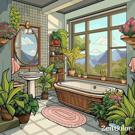 Bathroom Illustration, Feel Good Pictures, Interior Design Sketchbook, Storybook Art, Dreamy Artwork, Isometric Art, Object Drawing, Bath Art, Plant Aesthetic