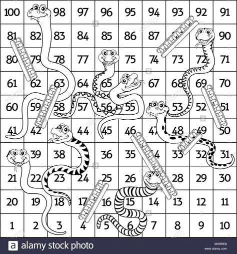 Download this stock vector: Snakes and Ladders Black and White - M3RRE8 from Alamy's library of millions of high resolution stock photos, illustrations and vectors. Snakes And Ladders Template, Snakes And Ladders Printable, Travel Binder, Board Game Template, Ladders Game, Snake Game, Printable Board Games, Snake Drawing, Snakes And Ladders