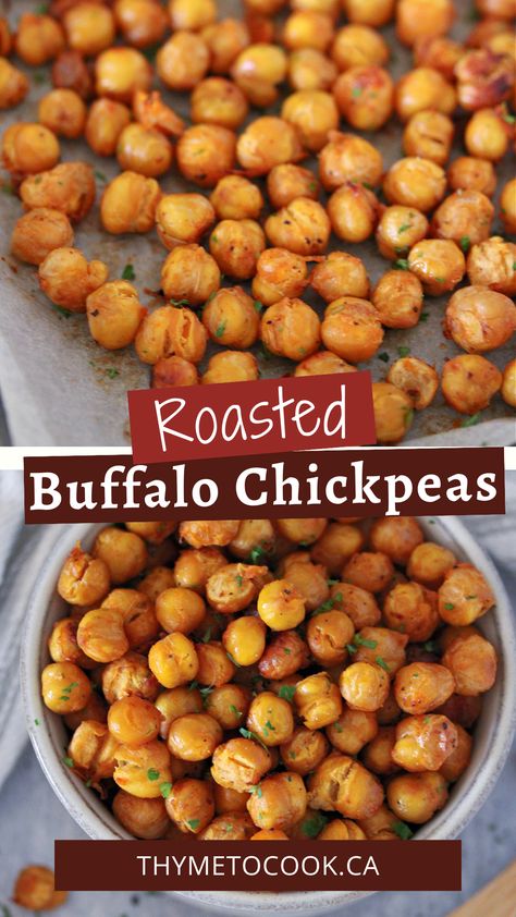 Spicy and crunchy roasted buffalo chickpeas are a delicious snack or addition to salads and wraps! Easy to make and even easier to eat! Roasted Buffalo Chickpeas, Oven Roasted Chickpeas Recipes, Roasted Chickpeas Oven, Buffalo Chickpeas, Wraps Easy, Chickpea Recipes Roasted, Buffalo Ranch, Buffalo Sauce, Roasted Chickpeas